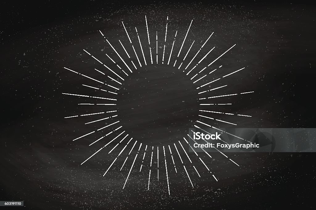 Linear drawing of light rays, sunburst Light rays, sunburst and rays of sun on black chalkboard. Linear drawing. Vintage hipster style. Light rays sunburst for retro logo, emblem. Vector Illustration Chalkboard - Visual Aid stock vector