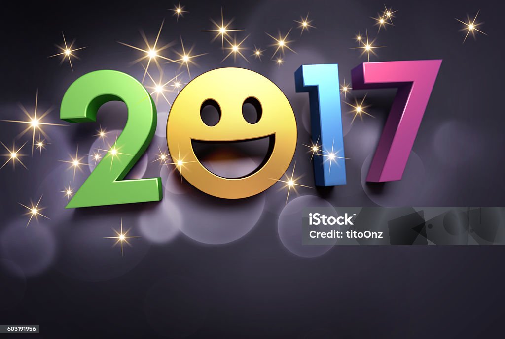 Greeting card for smiling 2017 Colorful 2017 year type with a smiley symbol on a festive black background - 3D illustration 2017 Stock Photo