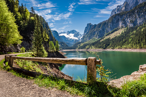 Sunny sunrise at Gosausee lake in Gosau, Alps, Austria