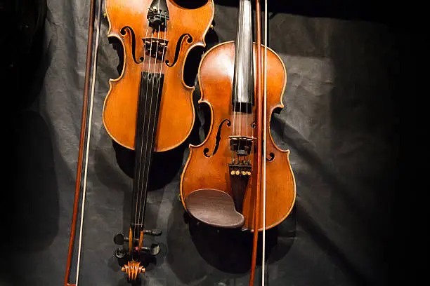 Photo of Violin musical instrument on black background