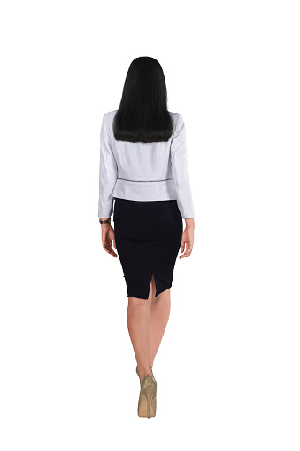 Back view of asian business woman isolated over white background