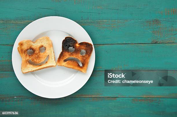 Flat Lay View Of Two Slices Of Toasted Bread Stock Photo - Download Image Now - Food, Emotion, Burnt