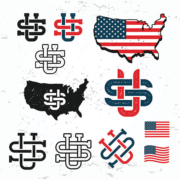 Made in USA monogram vector set. Vintage America design. Retro Made in USA monogram vector set. Vintage America design. Retro United States seal. US label illustration. Map graphic on grunge background. usa made in the usa industry striped stock illustrations