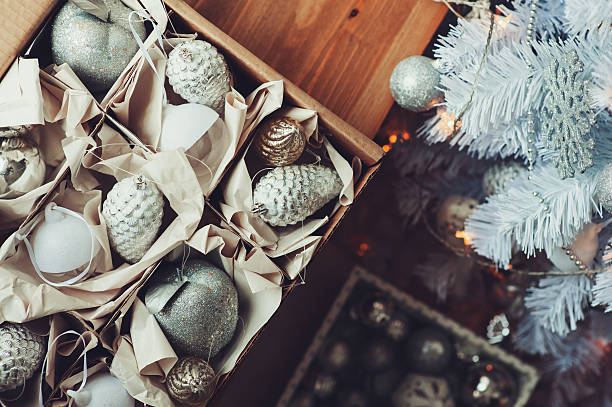 istock white and silver Christmas decorations in box, celebrating New Year 603254126