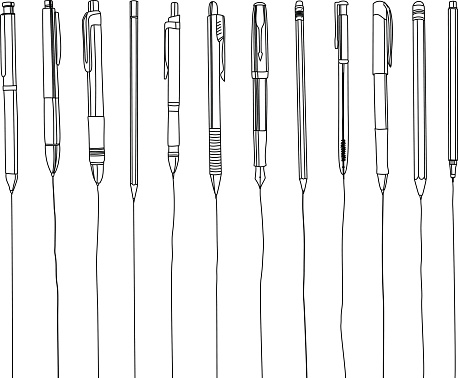 Pens and pencils in a row, contour illustration. Isolated on white.