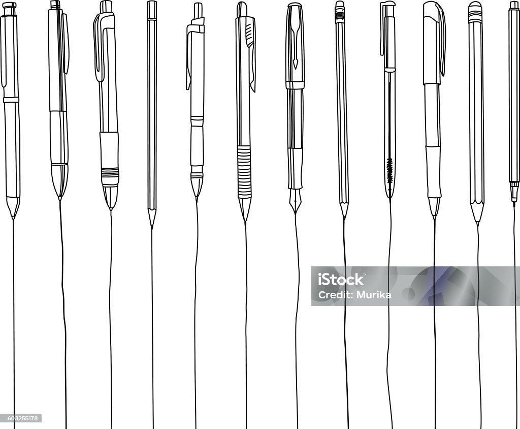 Pens and pencils in a row, contour illustration. Pens and pencils in a row, contour illustration. Isolated on white. Pen stock vector