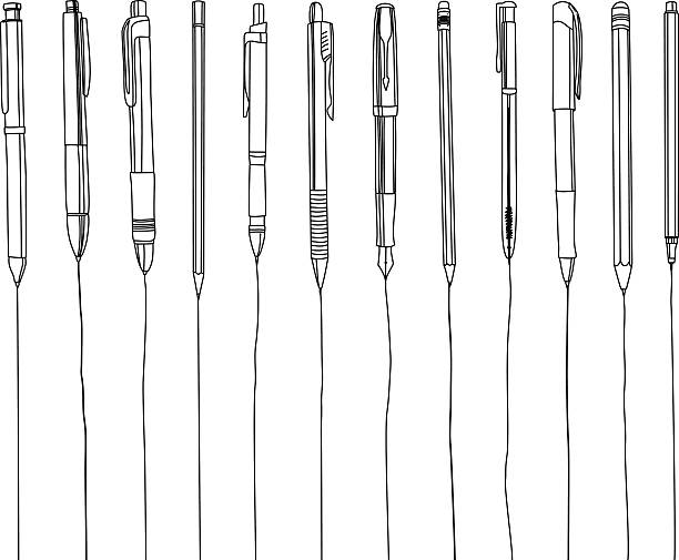 Pens and pencils in a row, contour illustration. Pens and pencils in a row, contour illustration. Isolated on white. writing tools stock illustrations