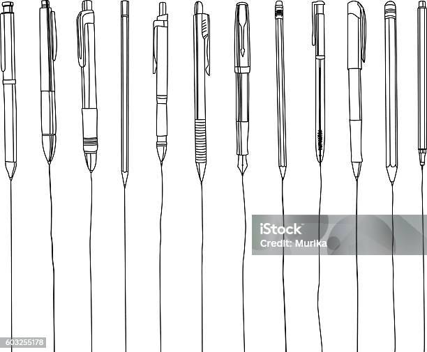 Pens And Pencils In A Row Contour Illustration Stock Illustration - Download Image Now - Pen, Drawing - Activity, Writing - Activity