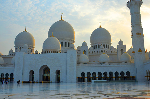 \nAbu Dhabi, United Arab Emirates - august, 2014:Grand Mosque in Abu Dhabi, capital of United Arab Emirates, architecture of Sheikh Zayed \n