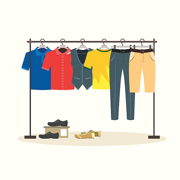 Clothes Racks with Menswear on Hangers. Vector Clothes Racks with Menswear on Hangers. Flat Design Style. Vector illustration mens fashion stock illustrations