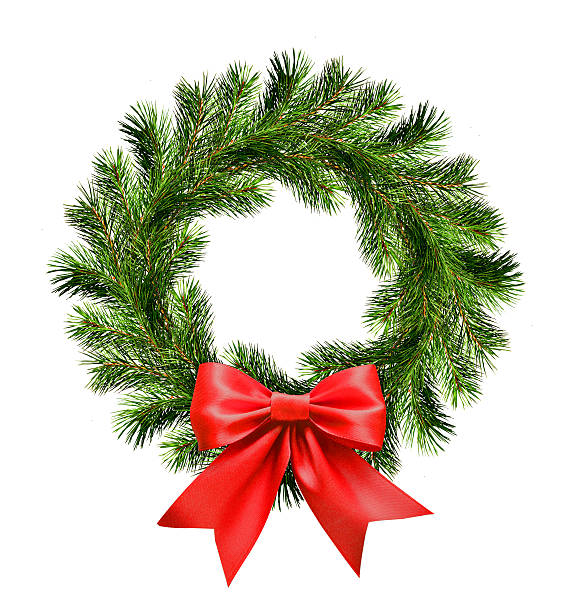 istock Christmas wreath from pine twigs and red ribbon bow 603259324