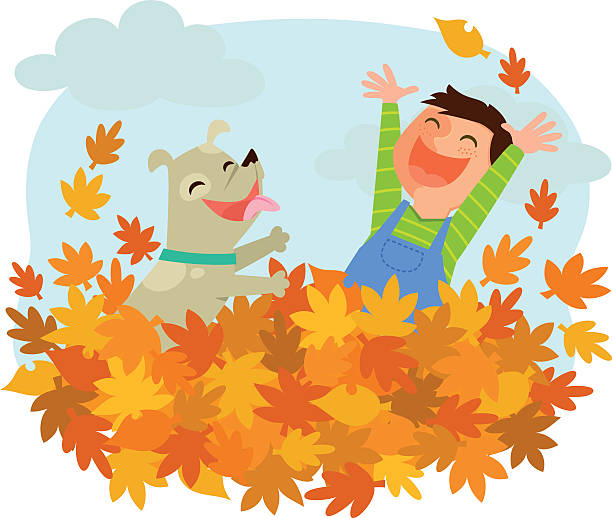 fun of autumn Boy and his dog playing in a pile of autumn leaves clip art of a laughing dog stock illustrations