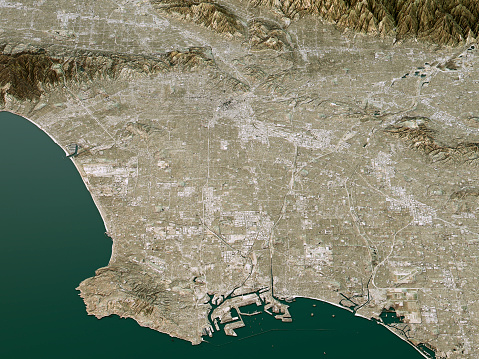 3D Render of a Topographic Map of Los Angeles, California, USA.