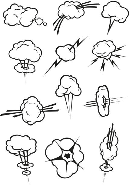 Cloud icons in cartoon comic book style Cloud icons in cartoon comic book style. Isolated cumulus clouds outline in various shapes and forms of smoke puff, steam vapor, fume, explosion, thunderbolt comic book outline stock illustrations