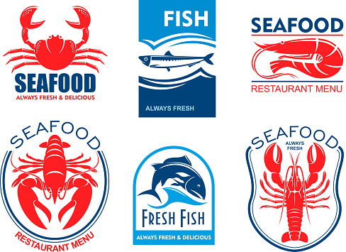 Seafood products icons. Vector emblems set for product sticker, company label, restaurant menu. Graphic symbols of crab, herring, shrimp, lobster, tuna fish