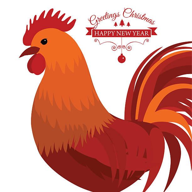 Merry Christmas e-card with rooster and designed text. Vector Vector illustration of Merry Christmas e-card with cock and designed text. bland chicken stock illustrations