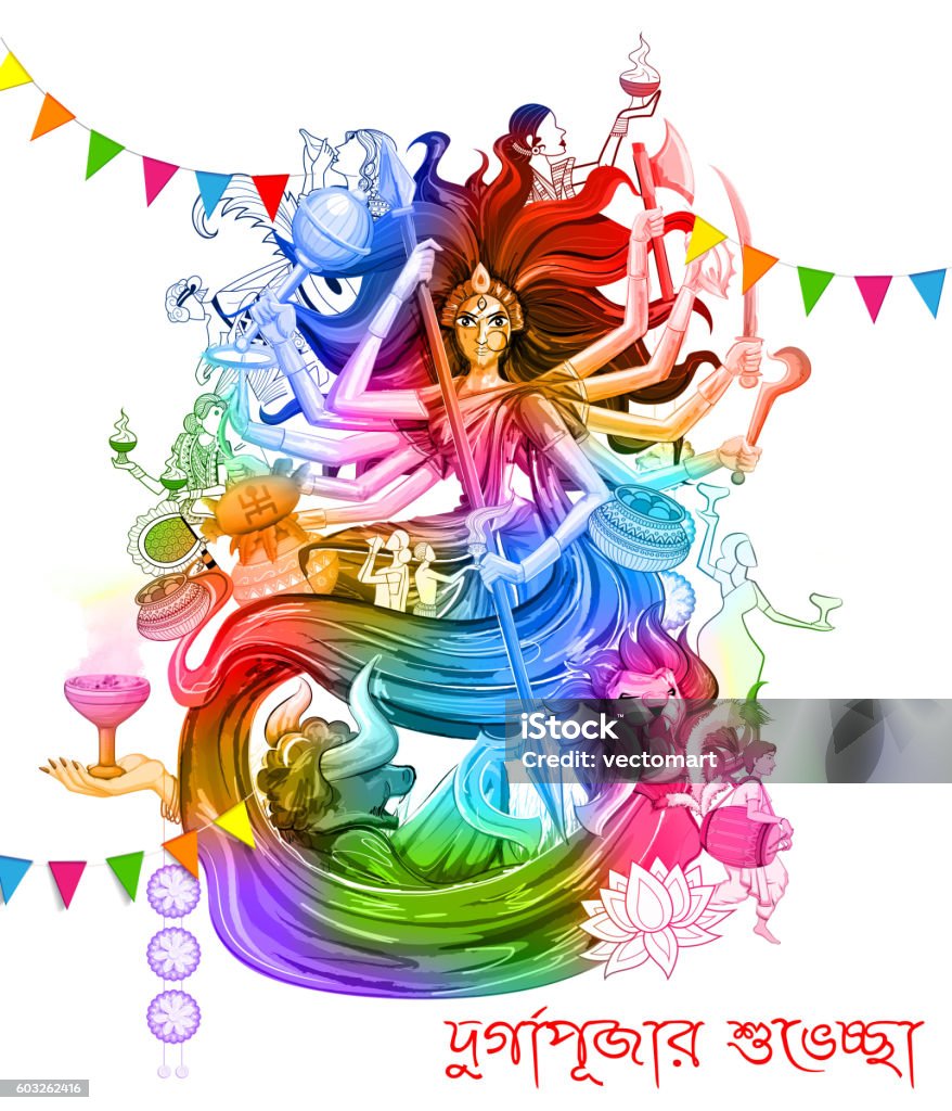 Goddess Durga In Subho Bijoya Happy Dussehra Background Stock Illustration  - Download Image Now - iStock