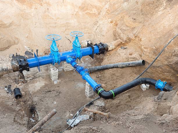 istock 500mm water pipes joined with Gate valves and waga members. 603263028