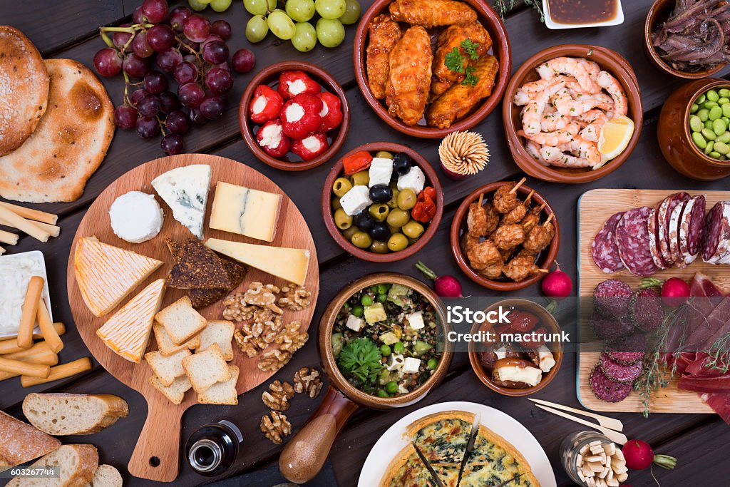 tapas food Top view of different tapas food recipes. Delicious table of foods. Tapas Stock Photo