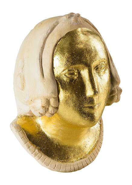 isolated plaster bust on white background - restoring art gilded statue imagens e fotografias de stock