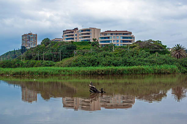 istock Buildings and Vegetation Reflected in River Under Overcast Sky 603278324