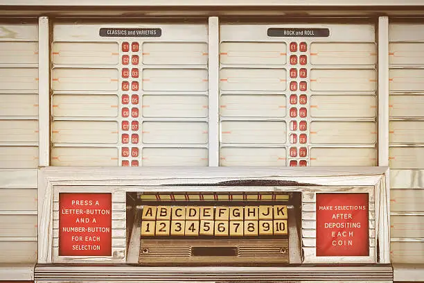 Retro styled image of an old jukebox with empty music labels
