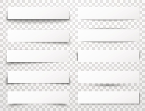 Set of white horizontal paper banners with different realistic shadows on transparent checkered background. Vector illustration
