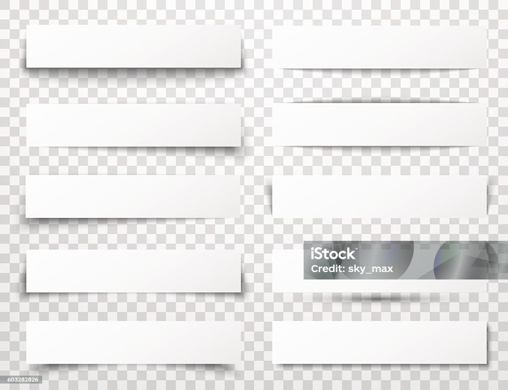 Set of white horizontal paper banners with different realistic shadows Set of white horizontal paper banners with different realistic shadows on transparent checkered background. Vector illustration Shadow stock vector