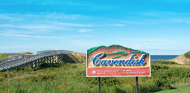 Cavendish Beach sign in  Prince Edward National Park  Beach ,  Boardwalk Cavendish, Canada - September 10, 2016: Cavendish Beach sign in  Prince Edward National Park.   This is the entrance to the beach and the walkway over the protected dunes. cavendish beach stock pictures, royalty-free photos & images