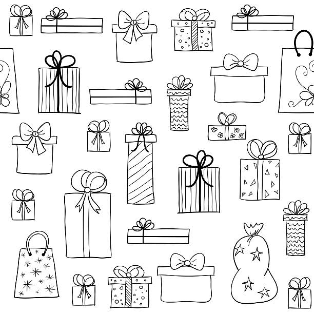 Christmas pattern with hand drawn gift boxes Seamless vector christmas pattern with hand drawn gift boxes. May be used as a coloring book shopping patterns stock illustrations