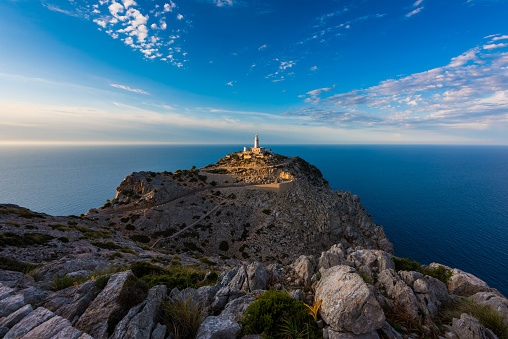 Lighthouse in Cap de Formentor, Mallorca, Balearic Islands, Spain around sunset.