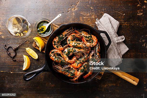 Tiger Prawns Roasted On Frying Pan And Wine Stock Photo - Download Image Now - Wine, Seafood, Shrimp - Seafood