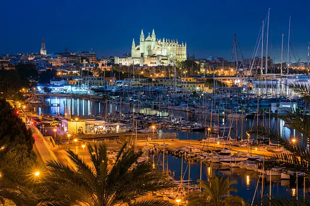 Palma de Mallorca Marina, Cathedral and skyline at night. Balearic Islands, Spain.