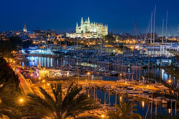 palma de mallorca at night - palma majorca stok fotoğraflar ve resimler