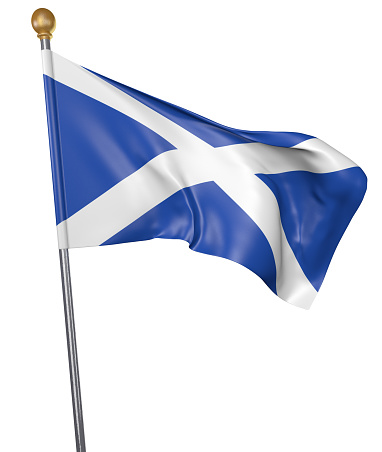 Realistic 3D render of a flag pole with the national flag of Scotland waving in the air against a white background.
