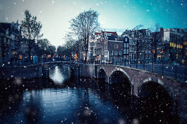 istock Winter snow christmas lights in Amsterdam, Netherlands 603313258