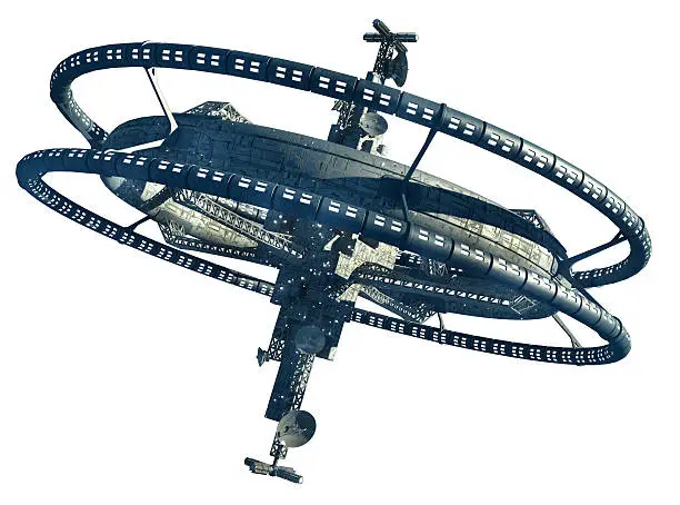 Illustration of a space station with multiple gravitational wheels for games, futuristic exploration or science fiction backgrounds, with the clipping path included in the file.