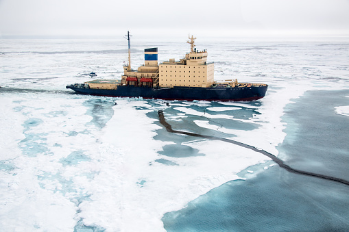 Russian ice breaker heading through pack ice in the NE passage , arctic., Russia,