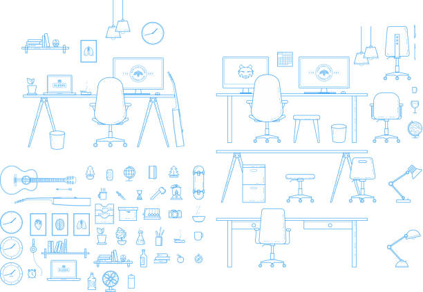 ilustraciones, imágenes clip art, dibujos animados e iconos de stock de vector interior workspace creator - customisable