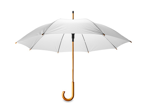 A white umbrella is fully open on a plain white background. It has a pale brown wooden handle, which is smooth and curved at the end. There is a clipping path around the umbrella with a small drop shadow under the handle.