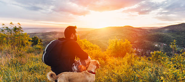 Man with dog enjoying mountain sunset