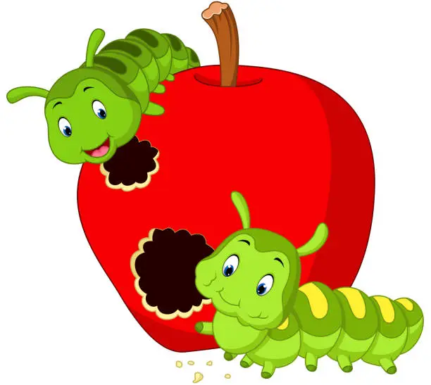 Vector illustration of caterpillars eat the apple