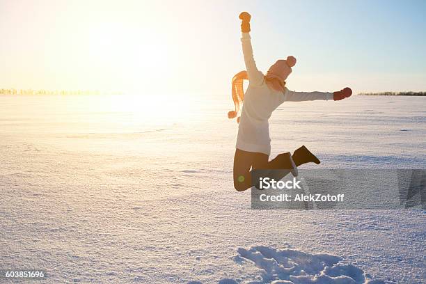 Happy Girl With A Red Scarf On The Winter Stock Photo - Download Image Now - Winter, Happiness, Healthy Lifestyle