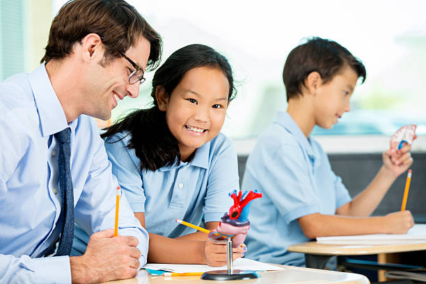 istock Smiling Asian student with teacher in biology class 603851766