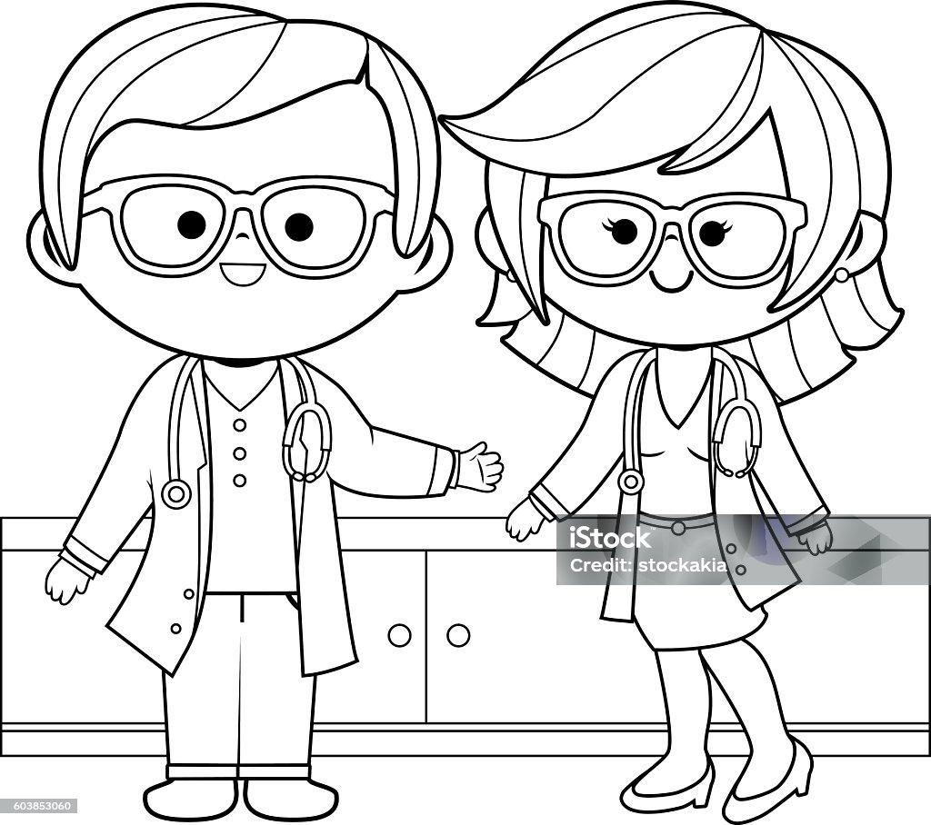 Doctors coloring book page. A male and a female doctor. Black and white coloring page illustration Coloring Book Page - Illlustration Technique stock vector