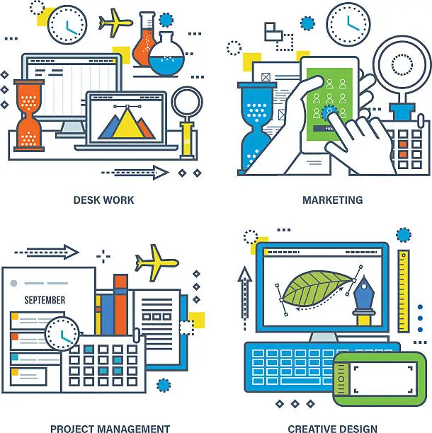 Vector illustration of Concept of desk work, marketing, creative process and project management.