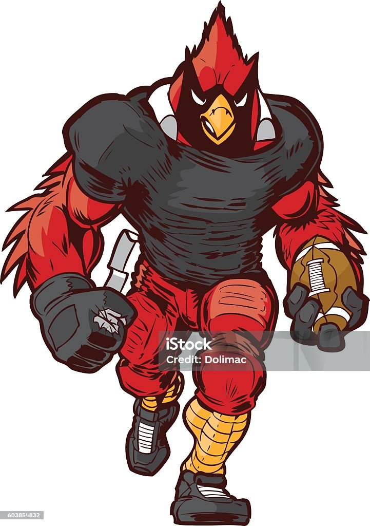 Vector Cartoon Cardinal Football Player Mascot in Uniform Vector cartoon clip art illustration front view of a tough cardinal football player mascot in uniform walking forward holding the game ball. Cardinal - Bird stock vector