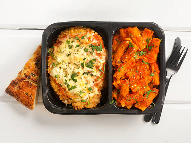 TV Dinner ,Chicken Parmesan with Rigatoni Chicken Parmesan with Pasta and Mozzarella Cheese- Photographed on a Hasselblad H3D11-39 megapixel Camera System chicken rigatoni stock pictures, royalty-free photos & images