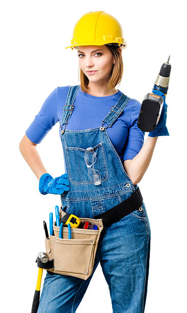 istock Young Woman Contractor Construction Carpenter on White 603859544
