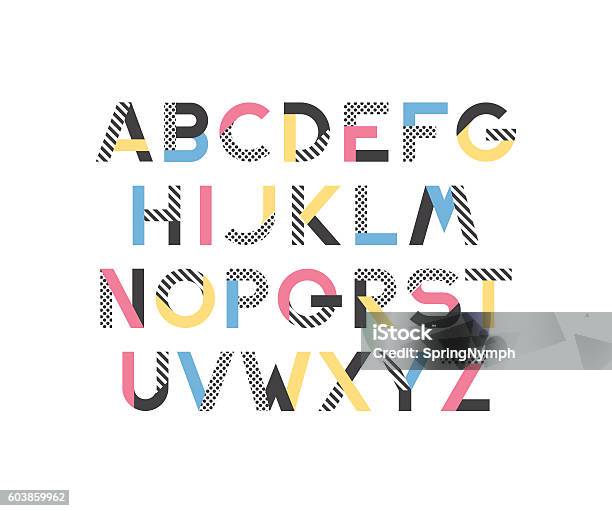 Geometrical Pattern And Color Blocks Latin Font Stock Illustration - Download Image Now - Typescript, Alphabet, Geometric Shape